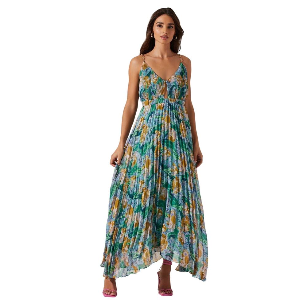 ASTR The Label Loralee Maxi Dress Women's XS Green Floral Pleated Sleeveless NWT